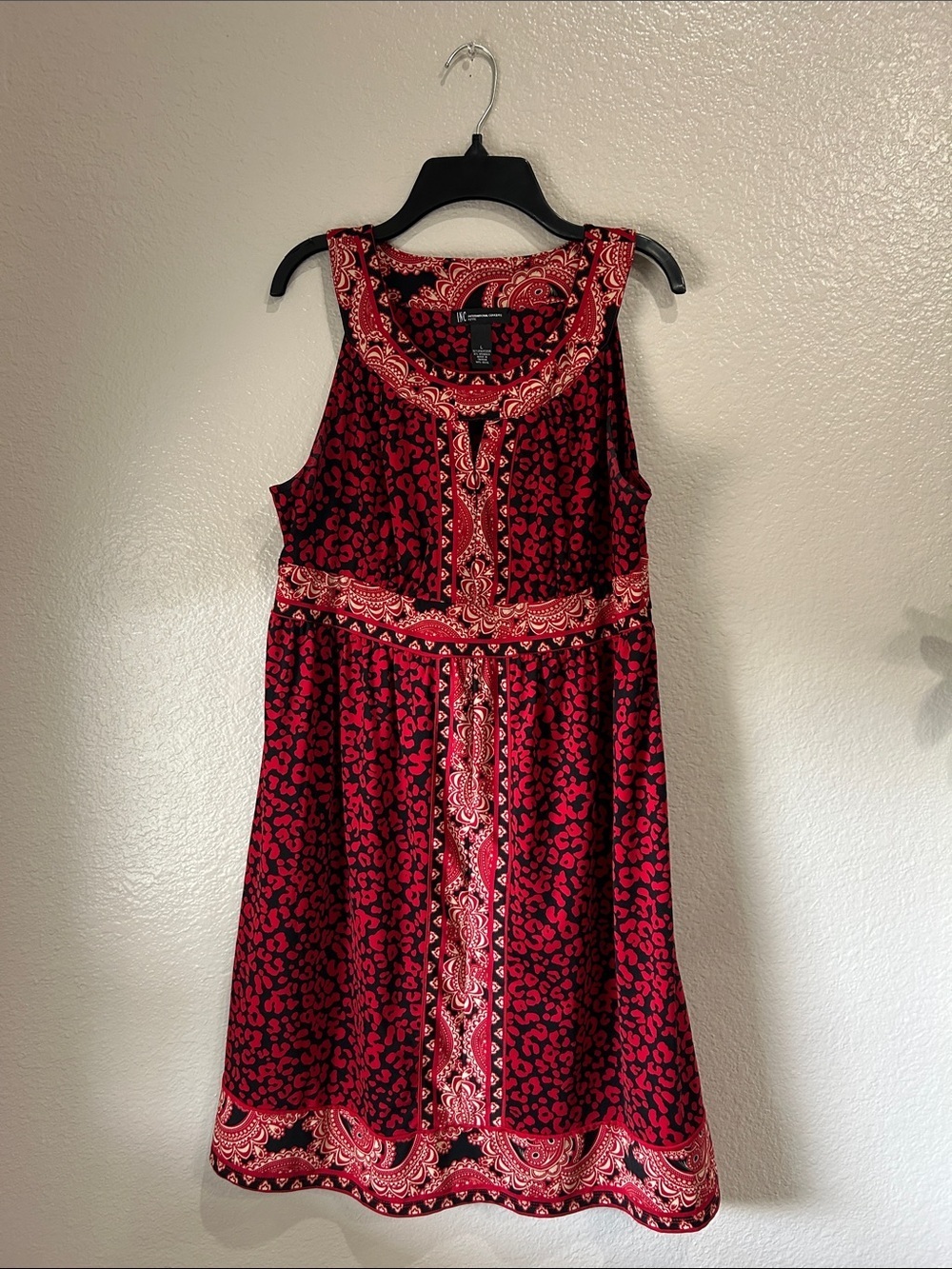 INC Sleeveless Black Red Cheetah Print Stretch Midi Dress Large  Sz L TC0151
